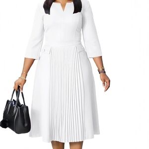 White A-Line Pleated Dress with V-Neck